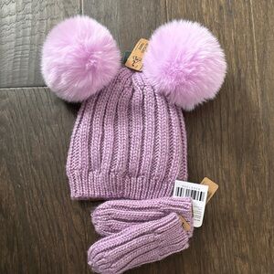 Roots Lilac Pom-Pom Beanie and Mittens Set